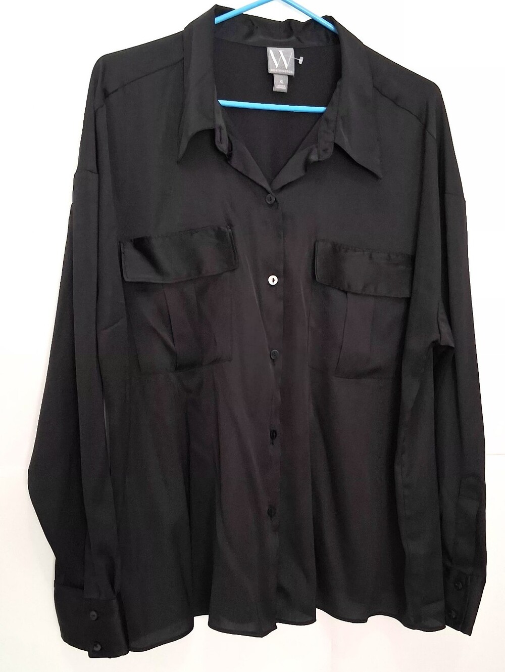 Dressy Black Satin Look Style Button Up Shirt Size XL Fit Up To 2X
